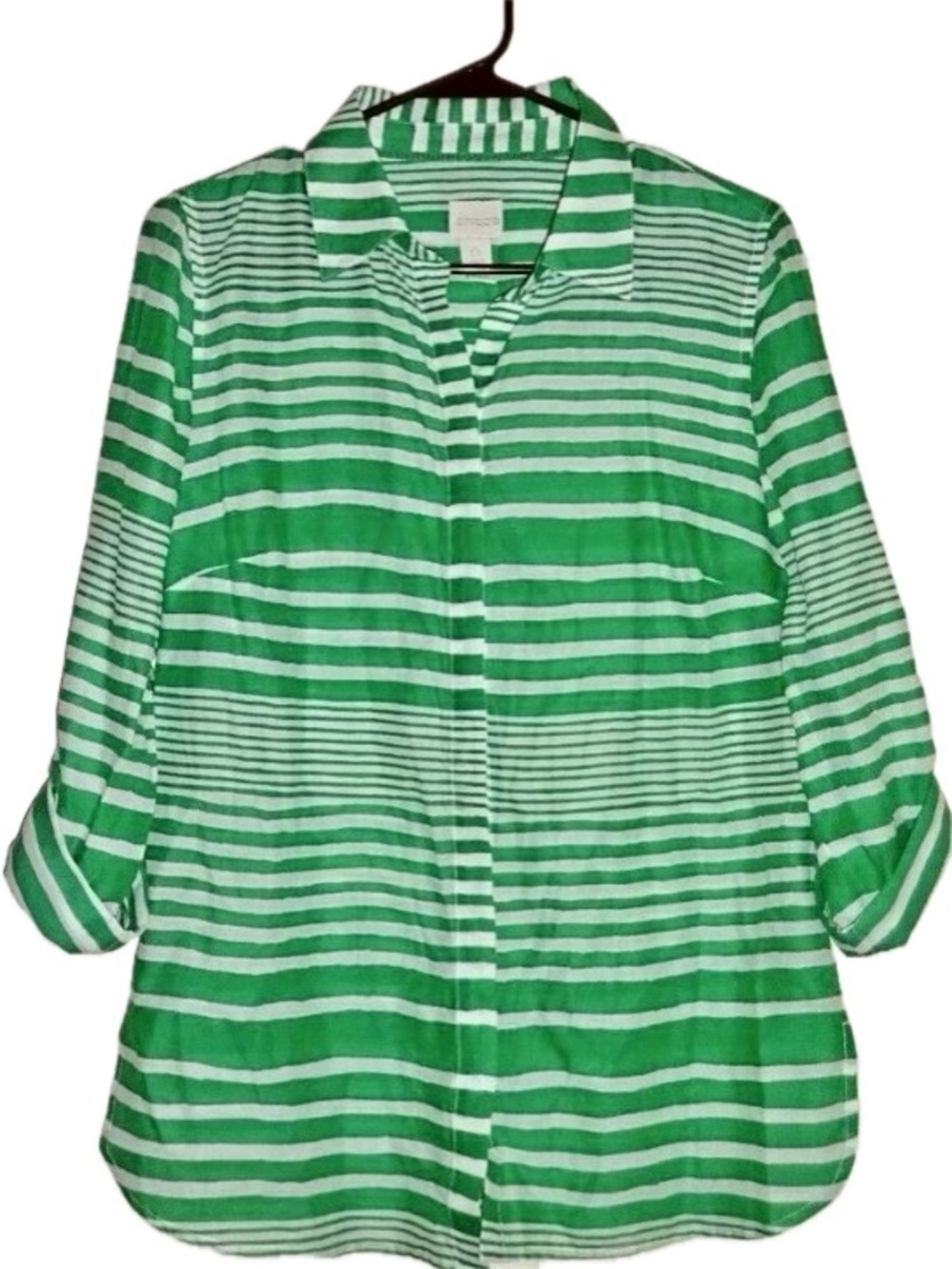 Chico’s Size 3 Green and White Striped Button-Up Tunic Shirt